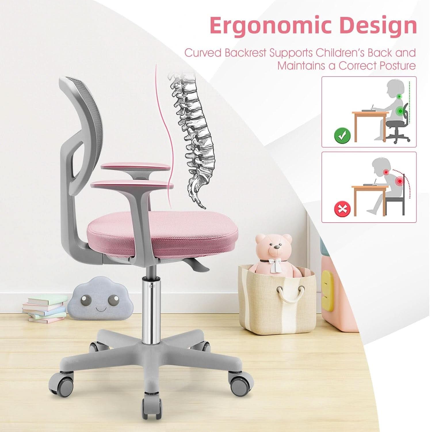 Kids Desk Chair Pink Height Adjustable Lumbar Support