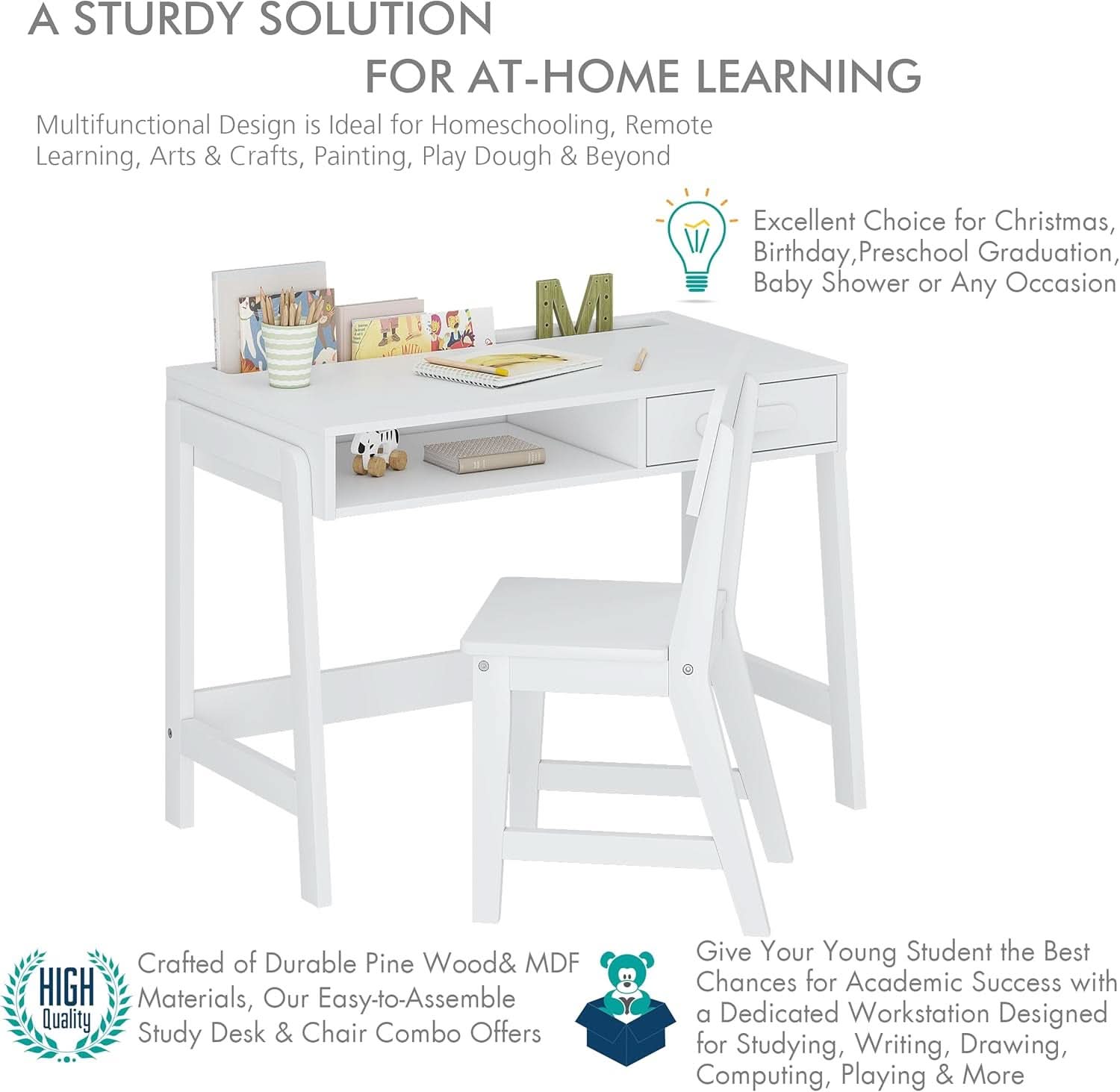 Kids Desk and Chair Set With Storage Drawers for Study