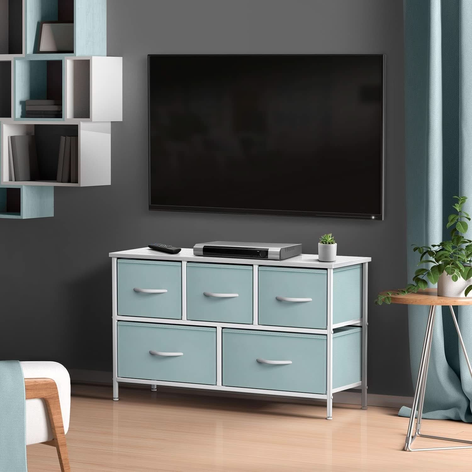 Kids Dresser With 5 Drawers, Pastel Aqua, Steel Frame