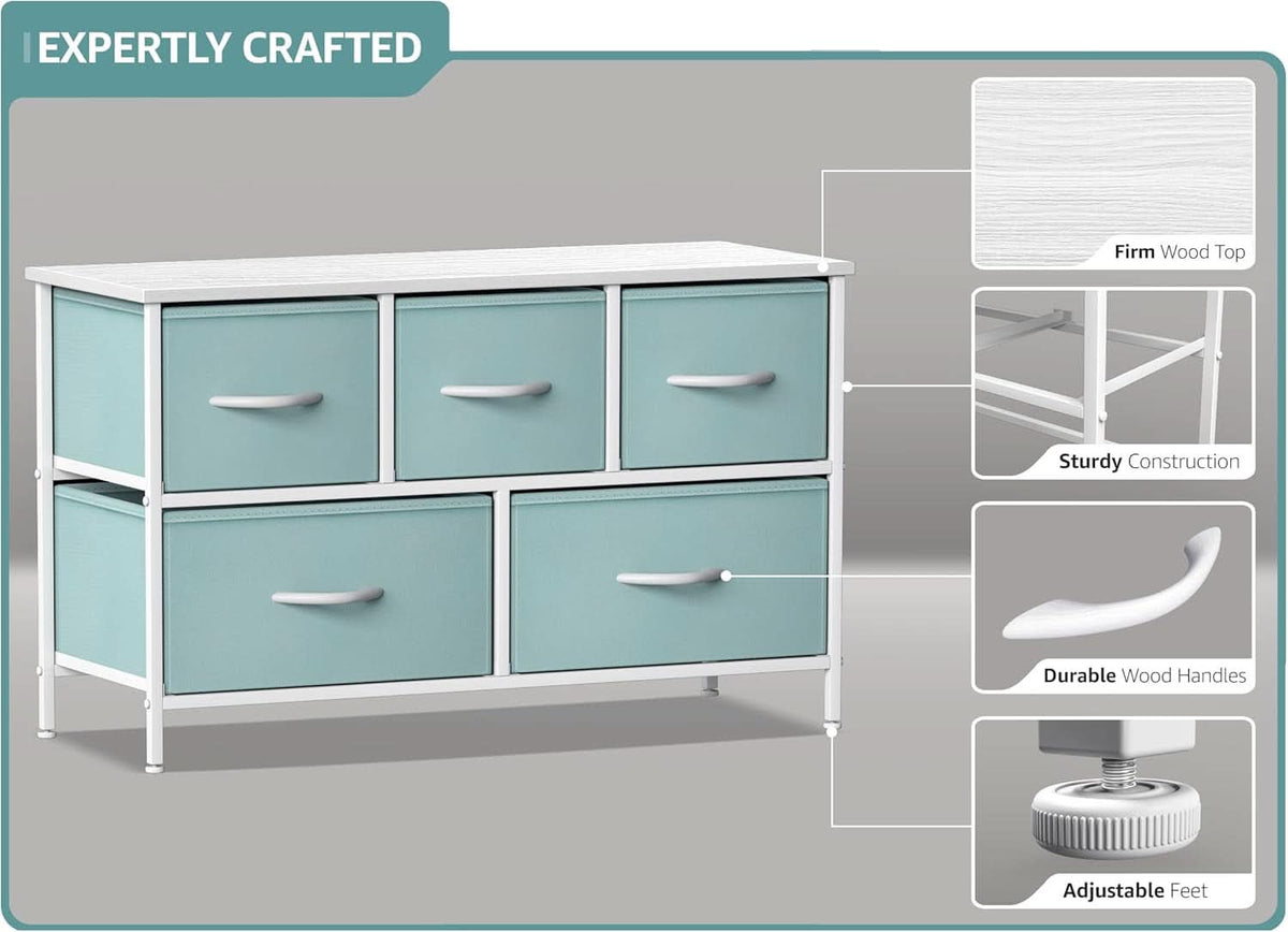 Kids Dresser With 5 Drawers, Pastel Aqua, Steel Frame