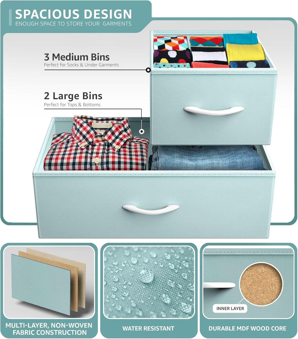 Kids Dresser With 5 Drawers, Pastel Aqua, Steel Frame
