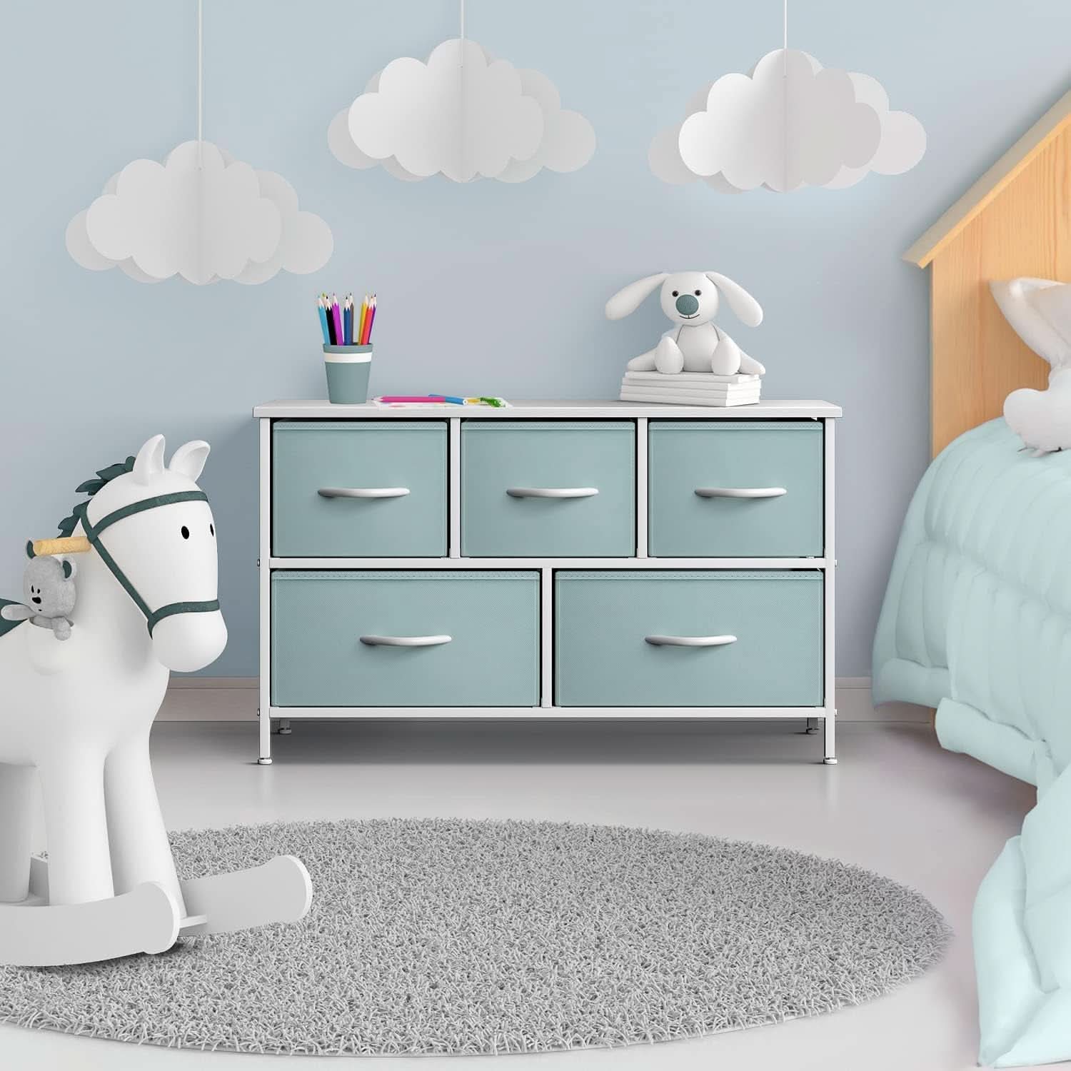 Kids Dresser With 5 Drawers, Pastel Aqua, Steel Frame
