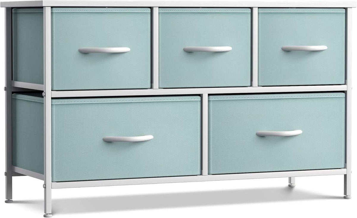 Kids Dresser With 5 Drawers, Pastel Aqua, Steel Frame