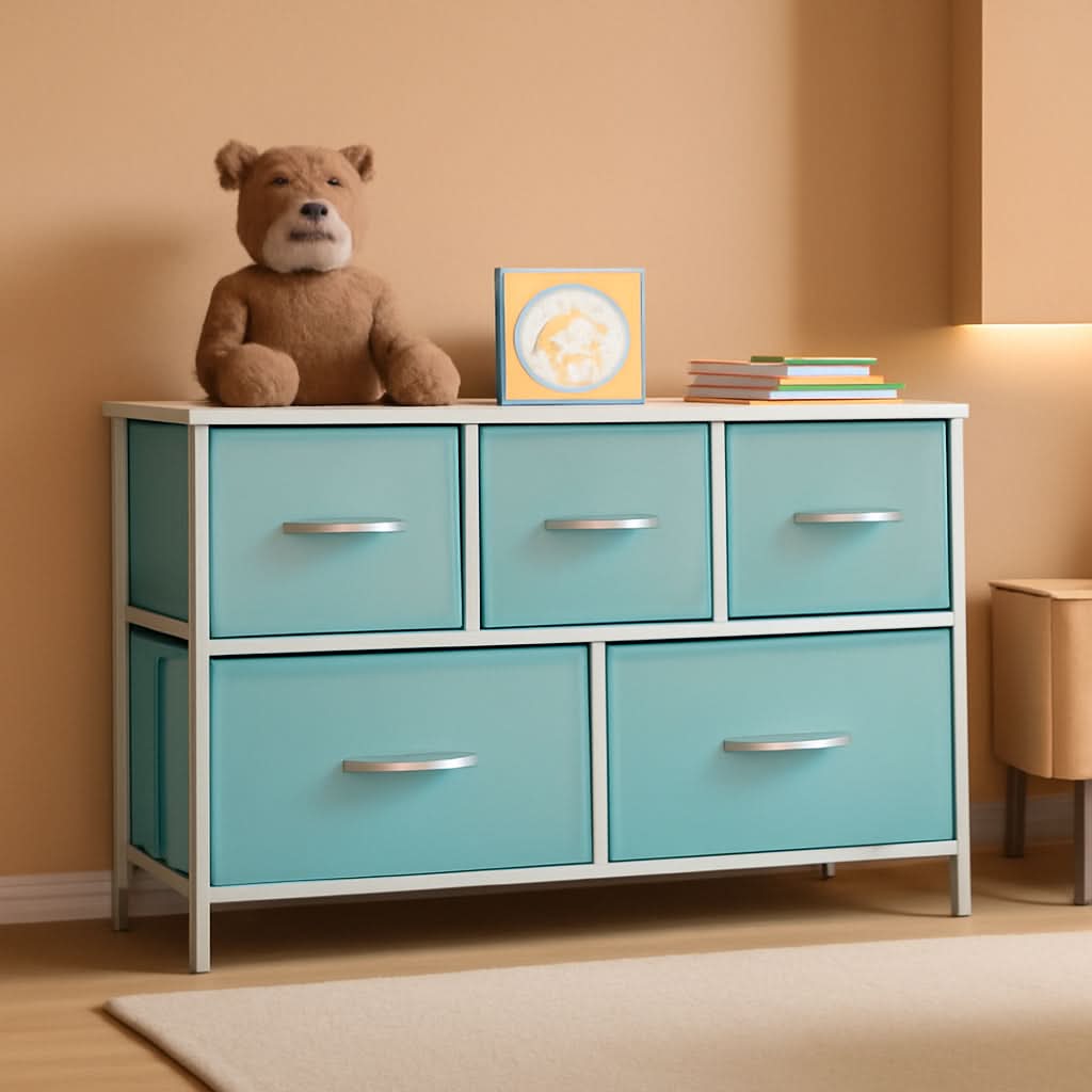 Kids Dresser With 5 Drawers, Pastel Aqua, Steel Frame
