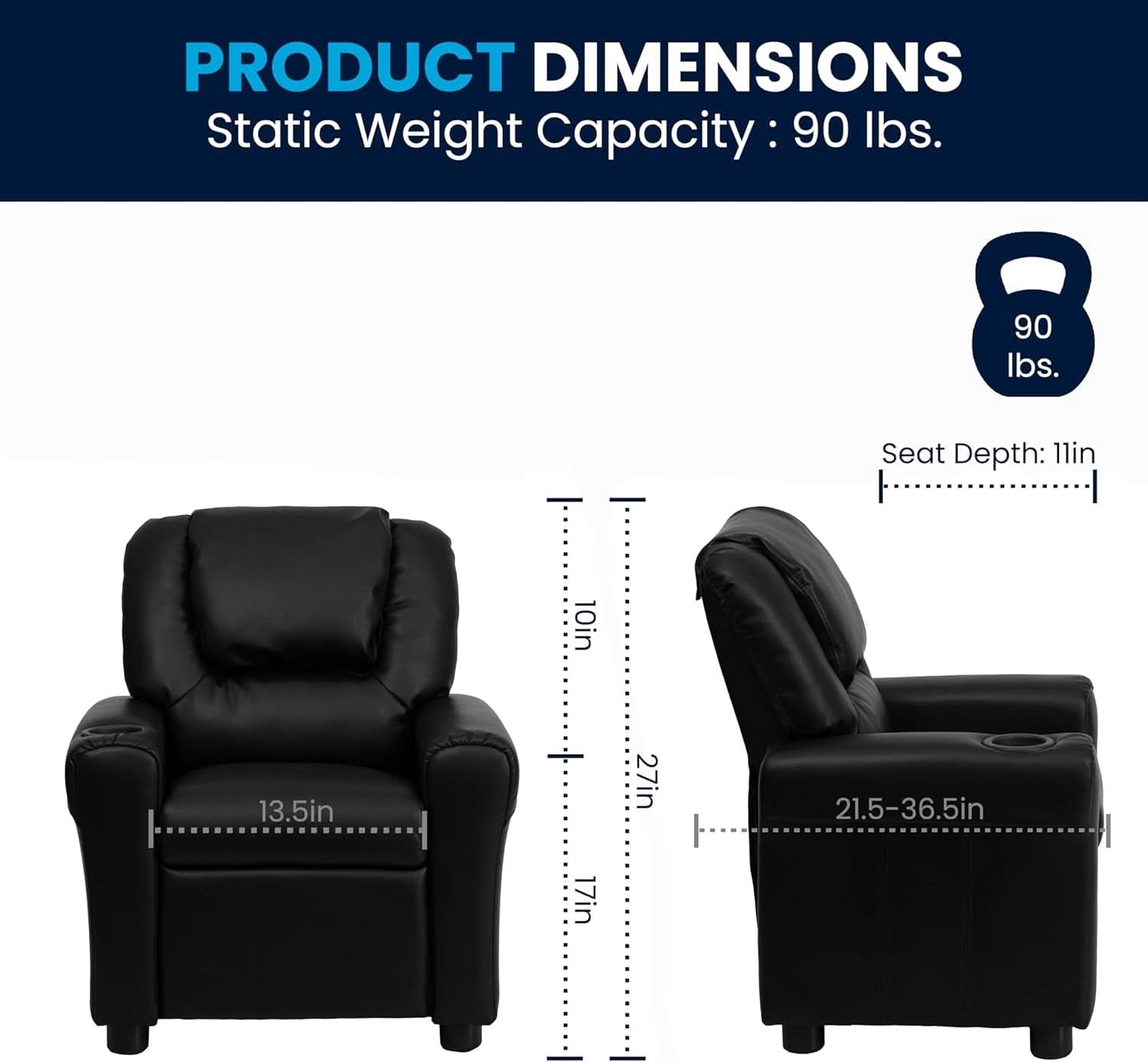 Kids Leathersoft Recliner With Cup Holder And Safety Recline Black