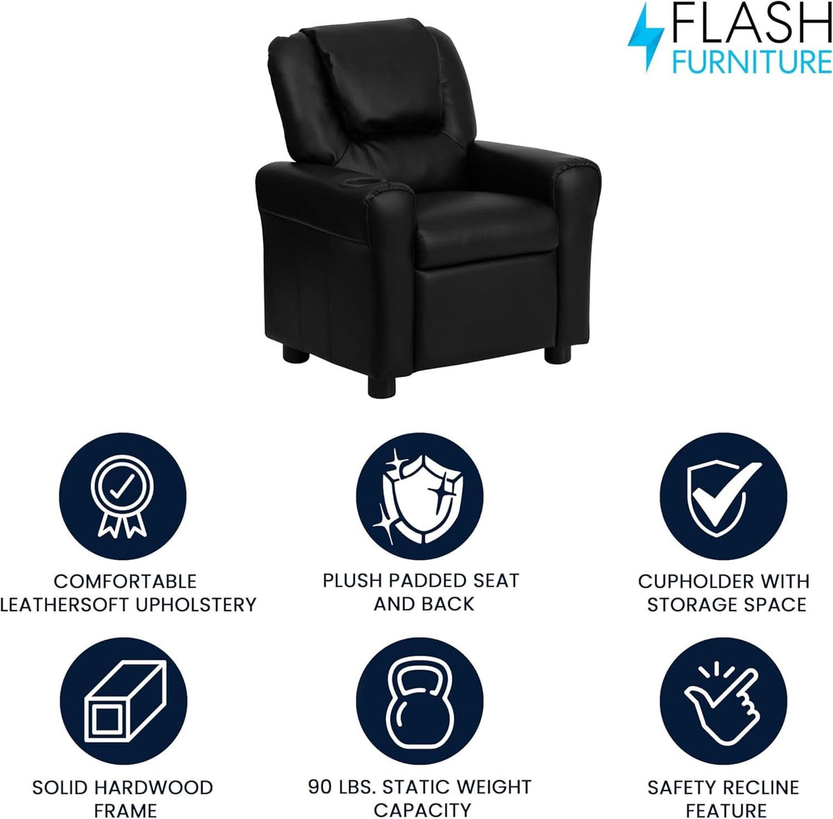 Kids Leathersoft Recliner With Cup Holder And Safety Recline Black
