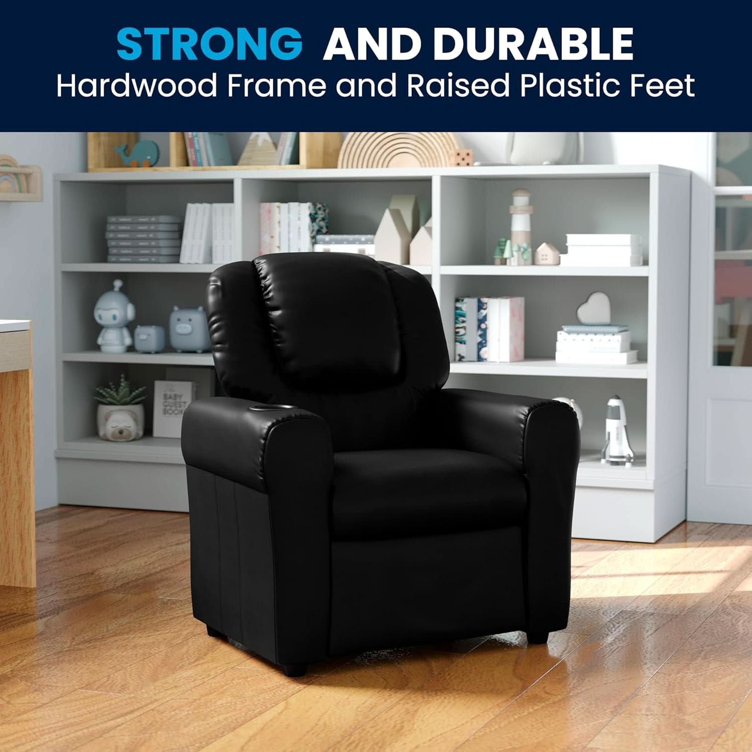 Kids Leathersoft Recliner With Cup Holder And Safety Recline Black