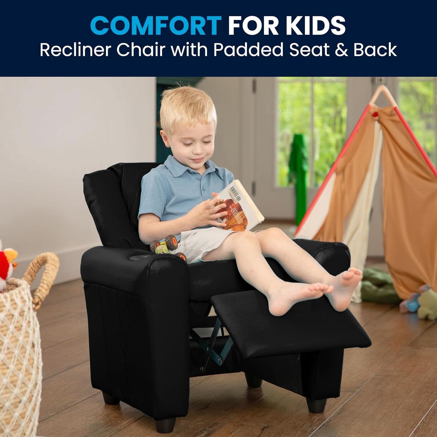 Kids Leathersoft Recliner With Cup Holder And Safety Recline Black