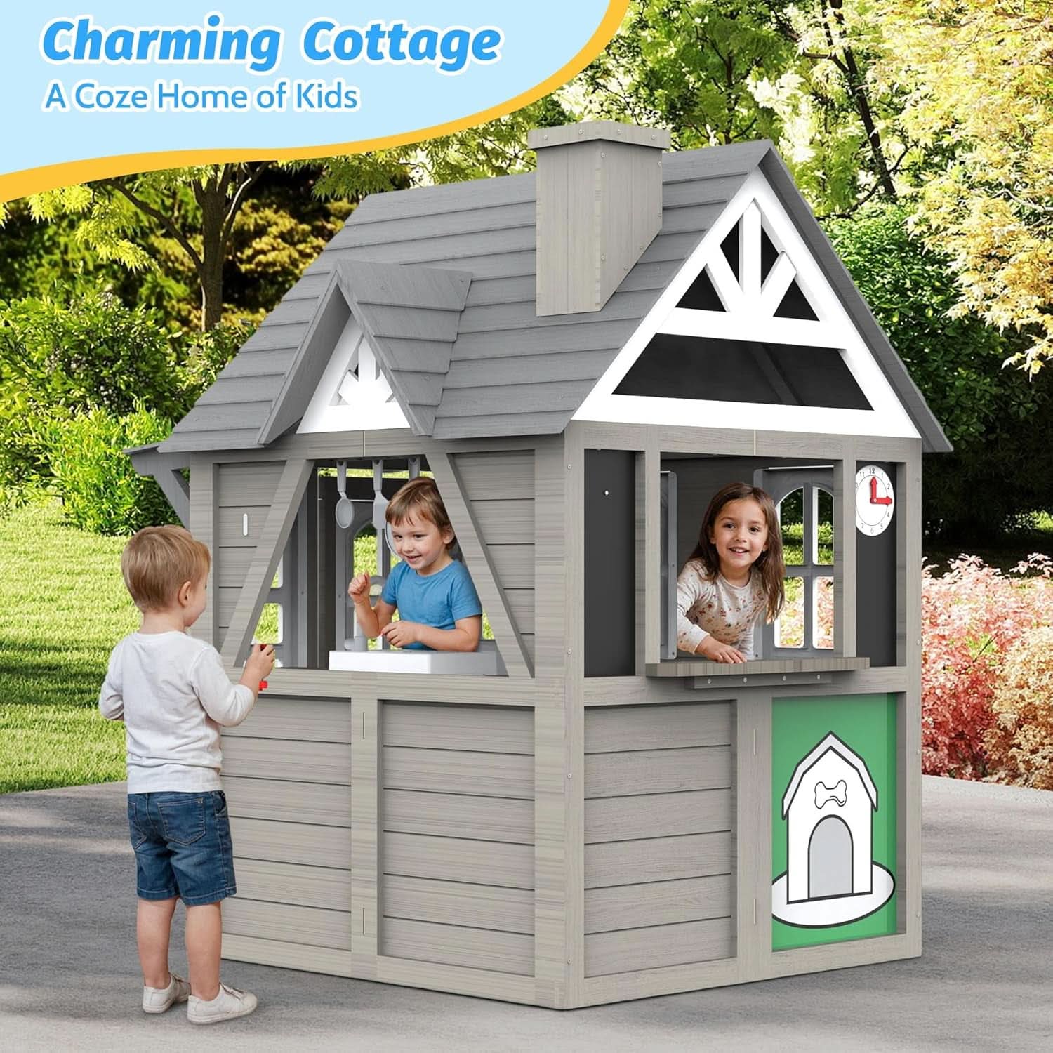 Kids Outdoor Playhouse Cedar Gray Weather Resistant