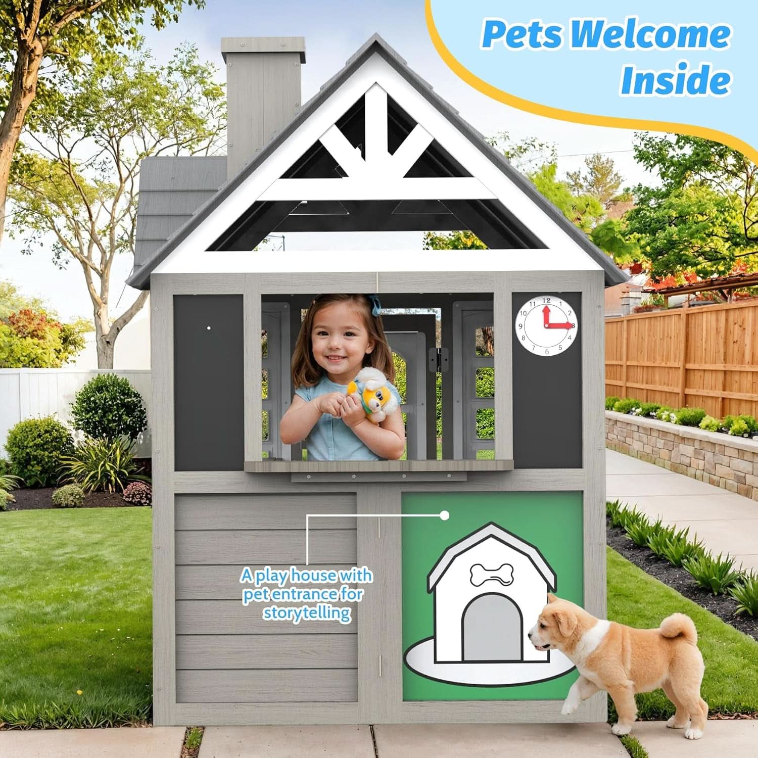 Kids Outdoor Playhouse Cedar Gray Weather Resistant
