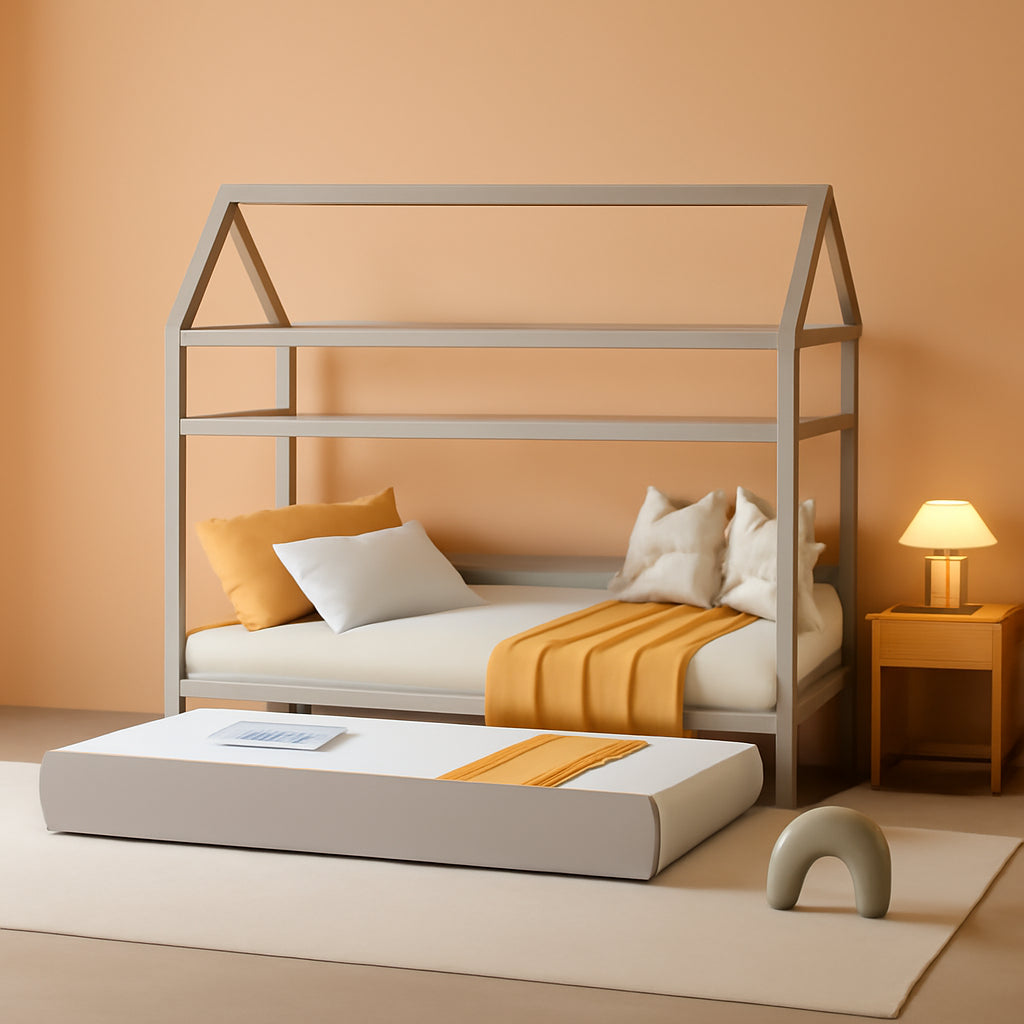 Kids Platform Bed Frame With House Design And Roof