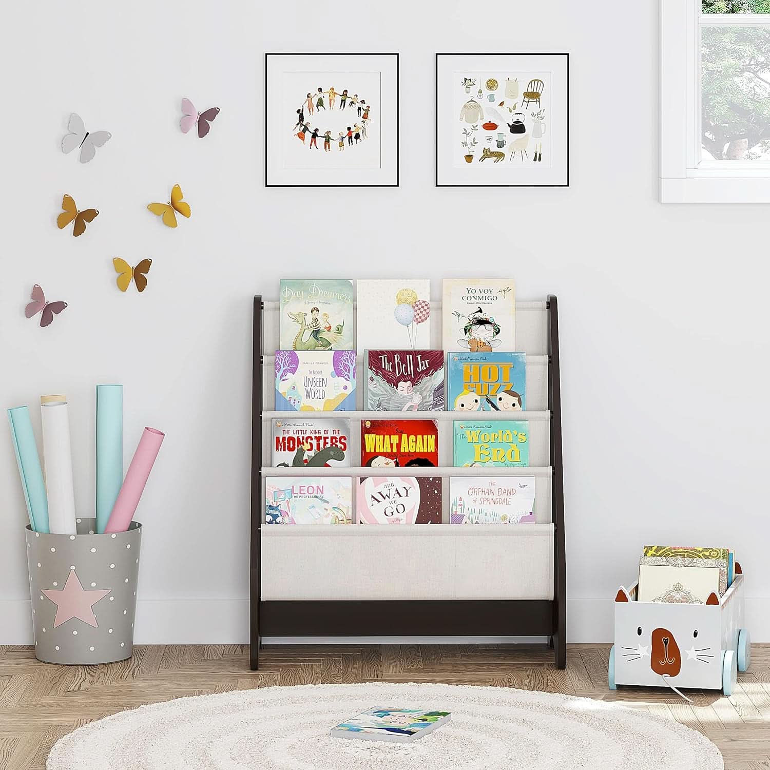 Kids Sling Bookshelf Espresso With Magazine Rack Organizer For Kids Room