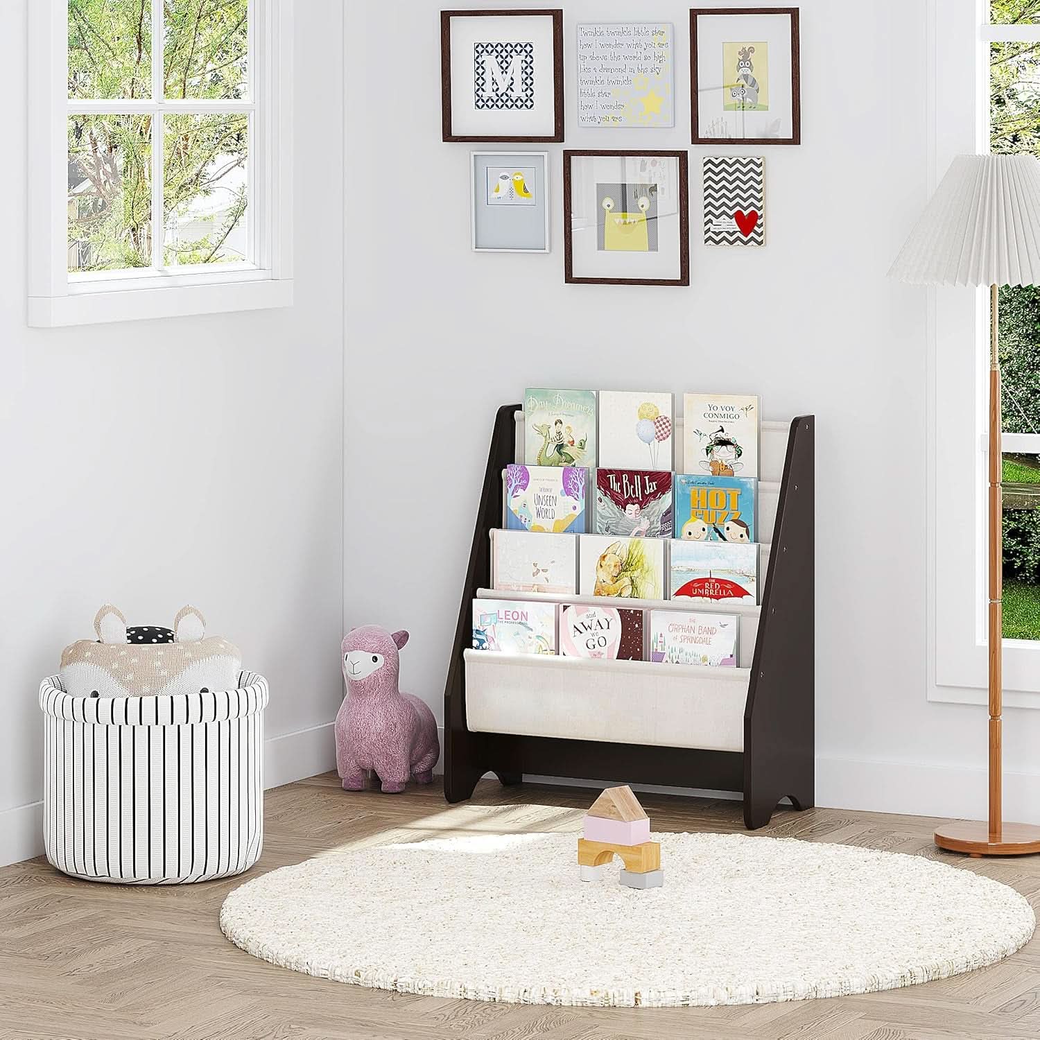 Kids Sling Bookshelf Espresso With Magazine Rack Organizer For Kids Room