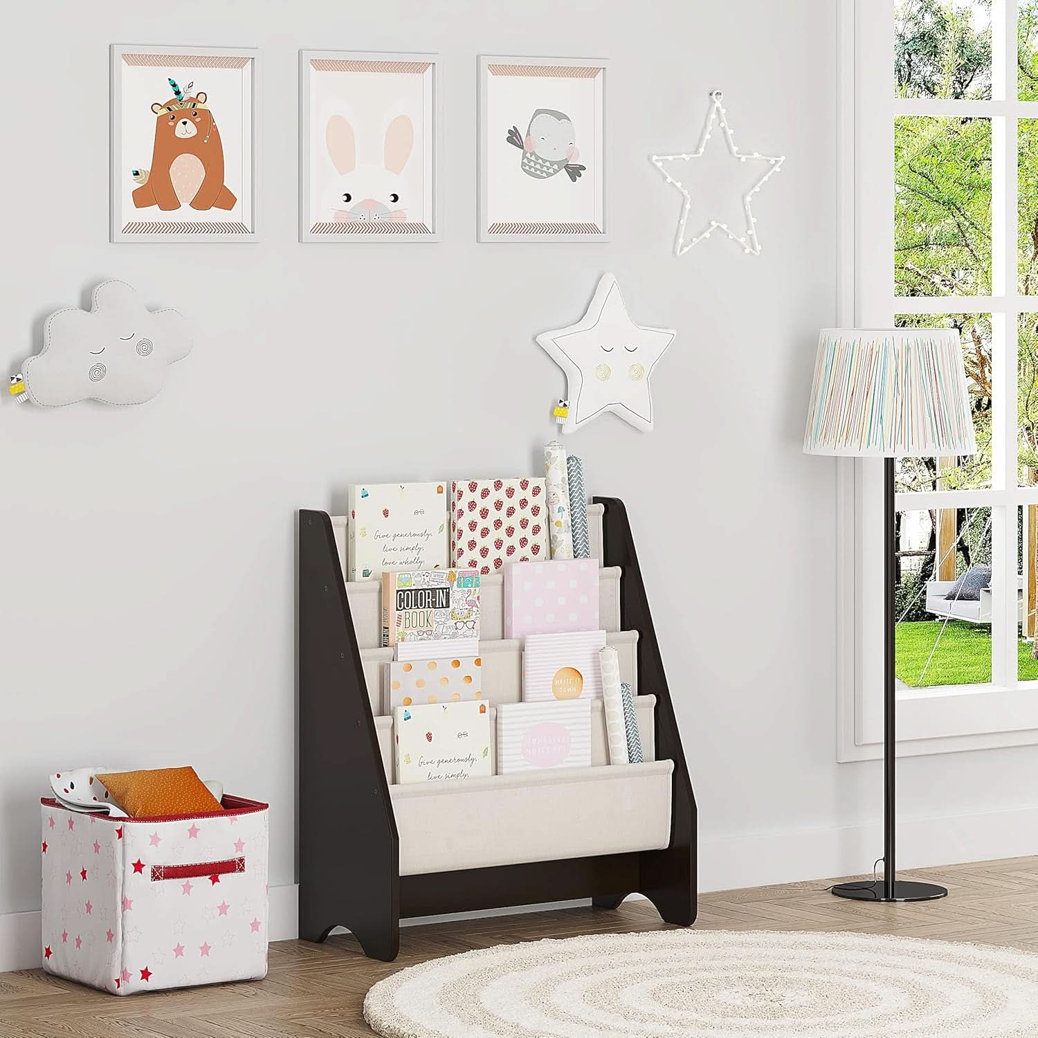 Kids Sling Bookshelf Espresso With Magazine Rack Organizer For Kids Room