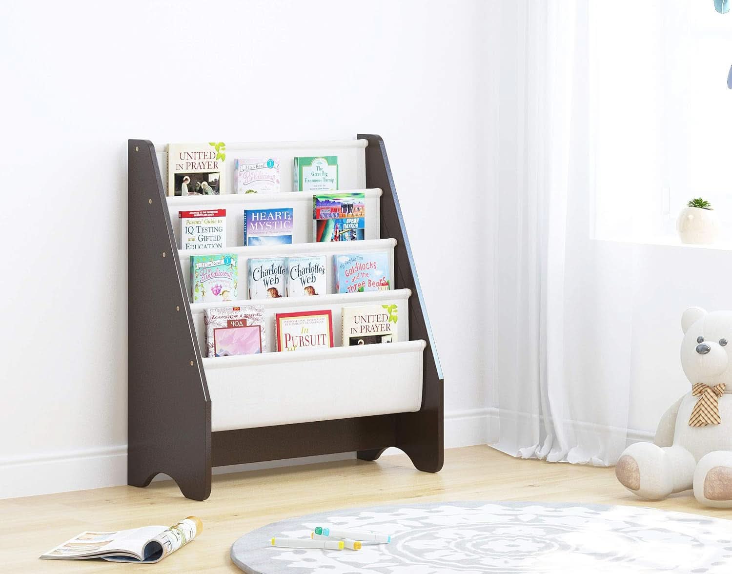 Kids Sling Bookshelf Espresso With Magazine Rack Organizer For Kids Room