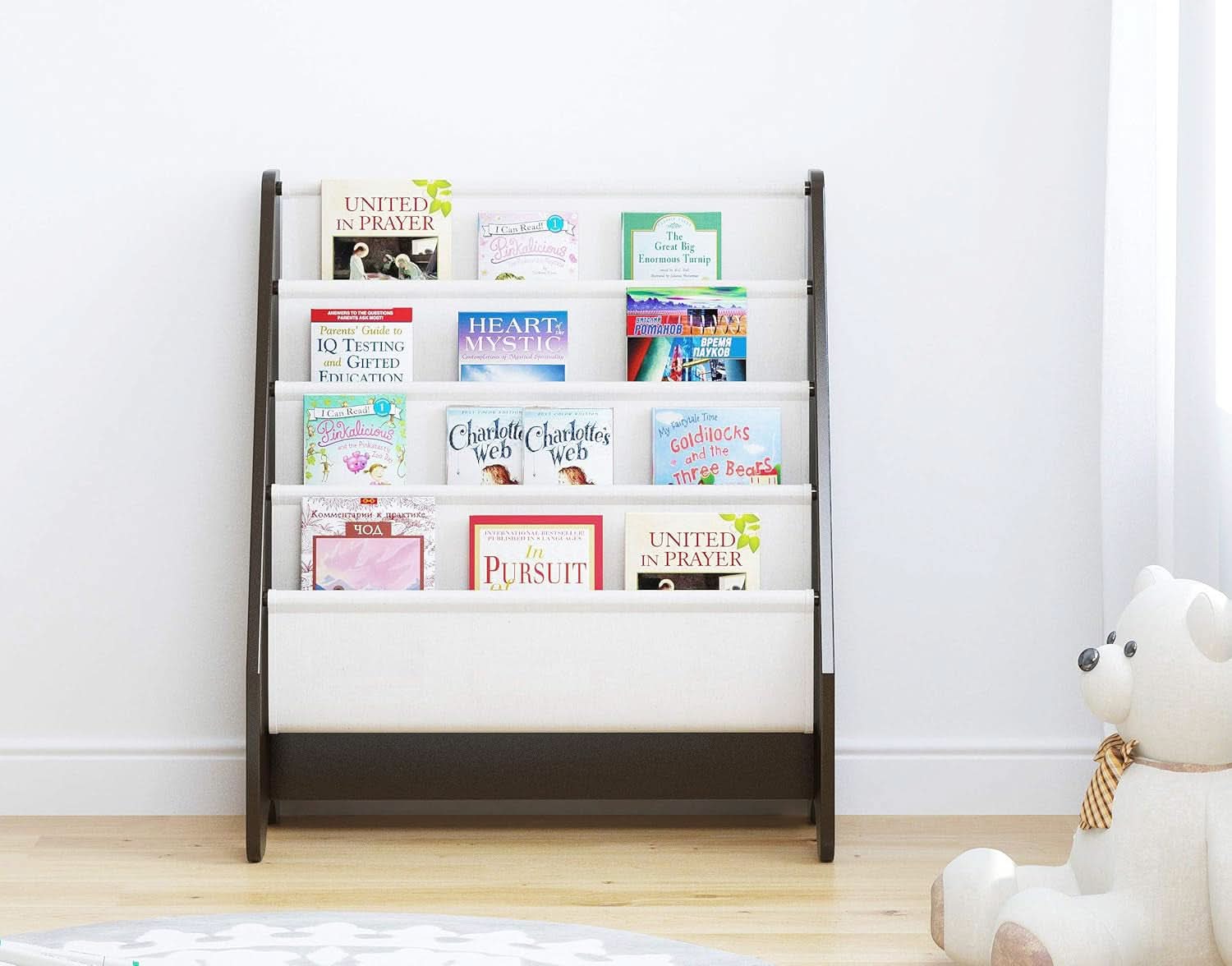 Kids Sling Bookshelf Espresso With Magazine Rack Organizer For Kids Room