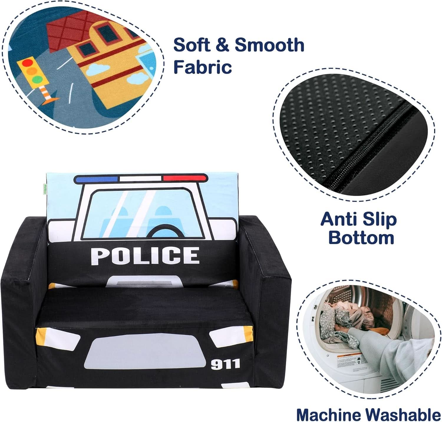 Kids Sofa Bed Black With Storage Pockets For Playroom