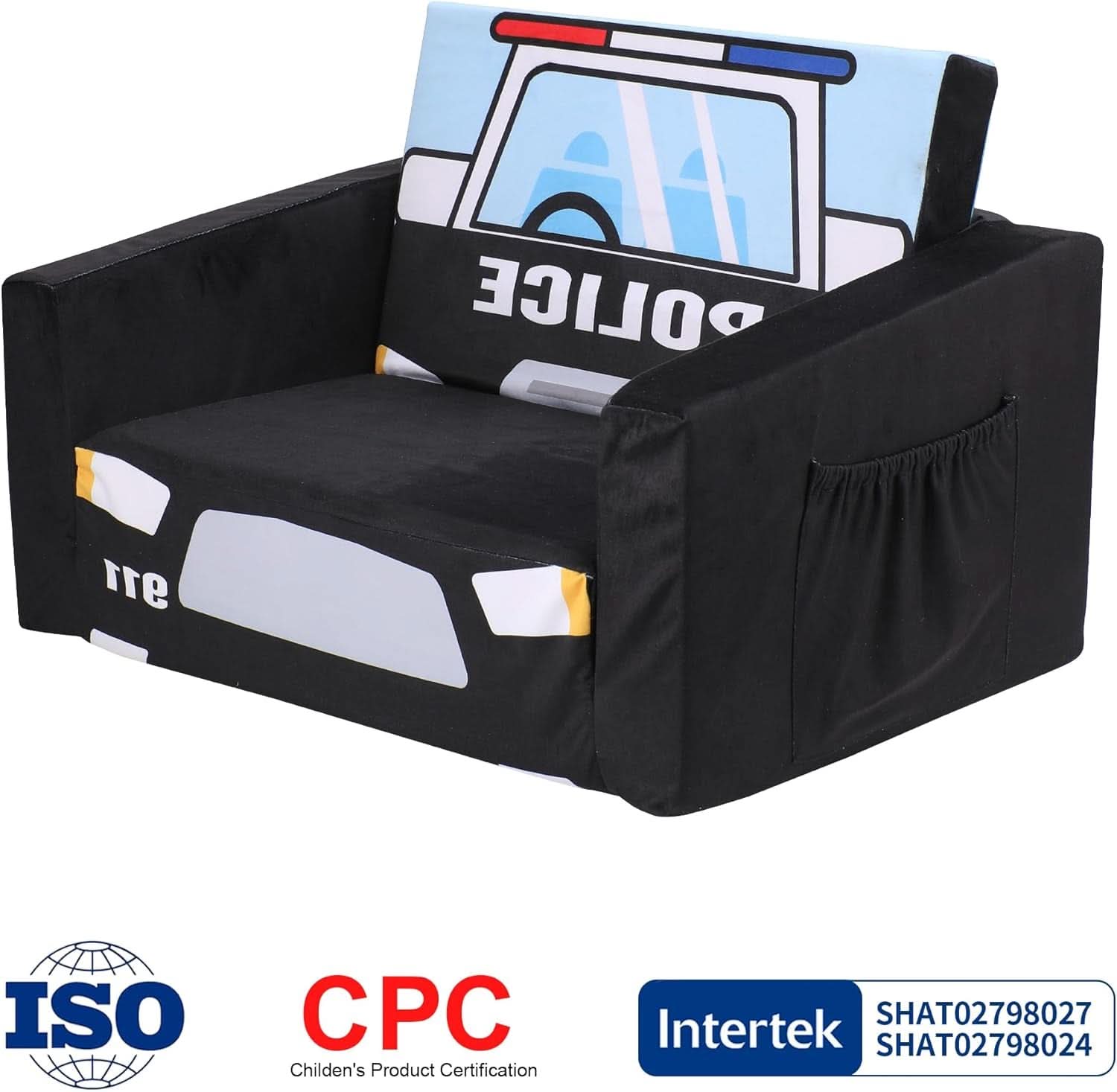 Kids Sofa Bed Black With Storage Pockets For Playroom