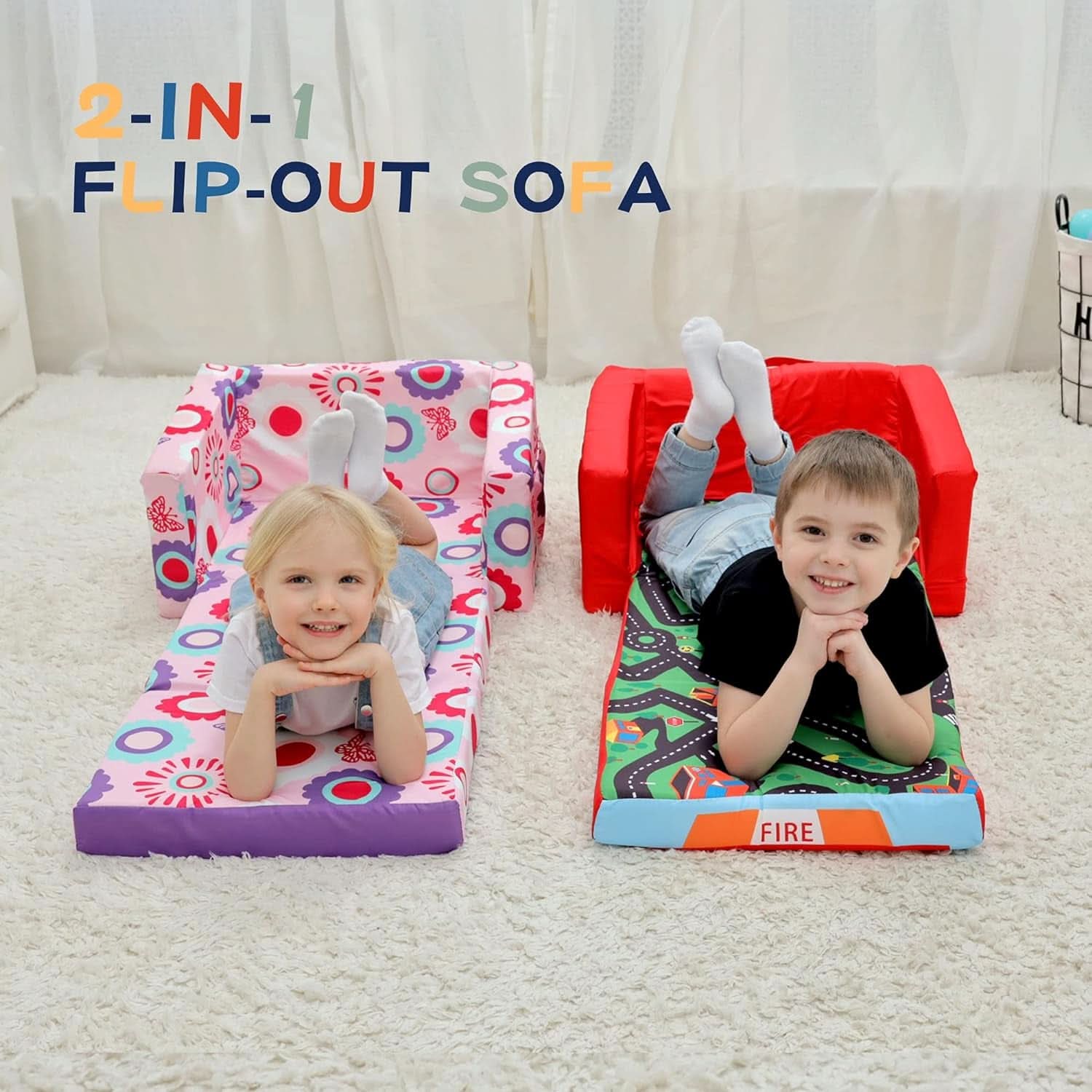 Kids Sofa Bed Flip Open 2in1 Upholstered Couch Red