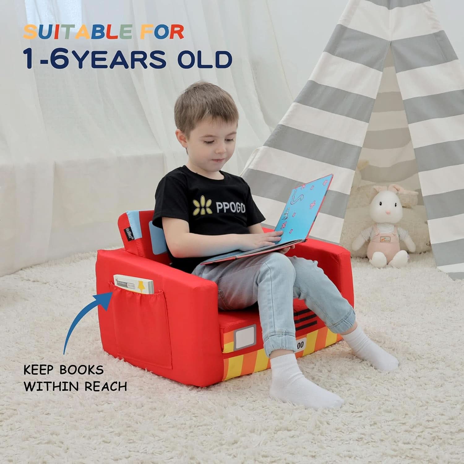 Kids Sofa Bed Flip Open 2in1 Upholstered Couch Red