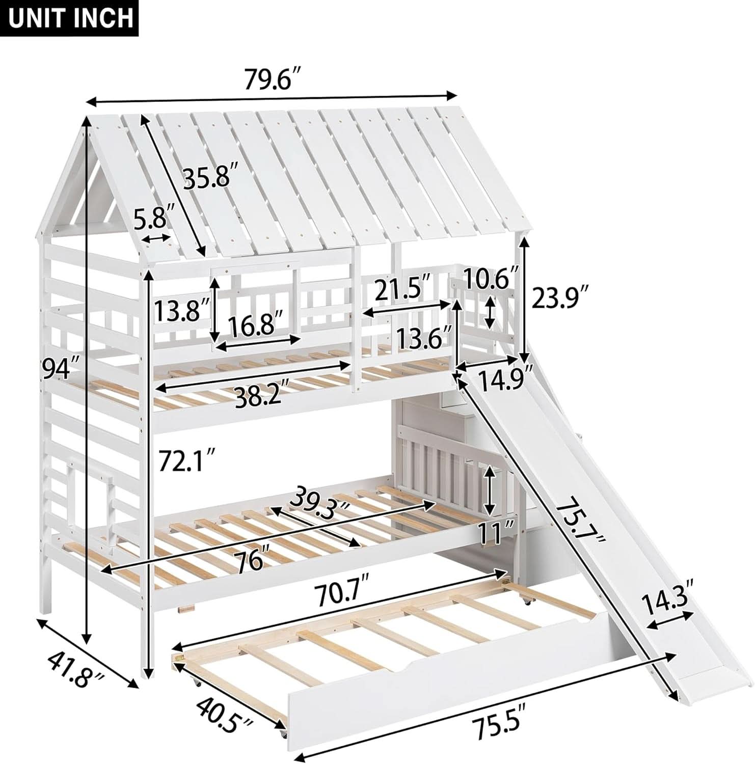Kids Twin Over Twin Bunk Bed With Slide And Trundle White