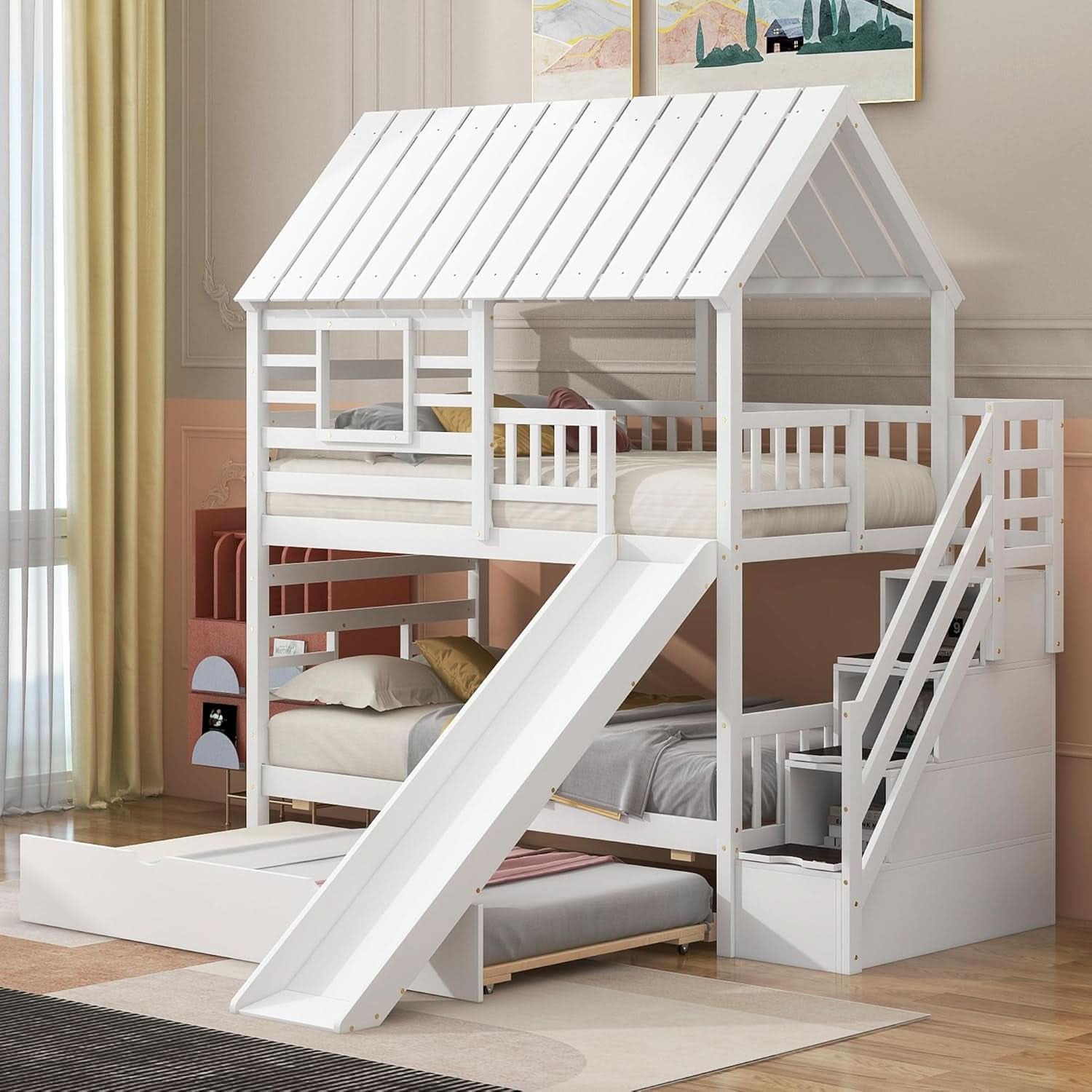Kids Twin Over Twin Bunk Bed With Slide And Trundle White