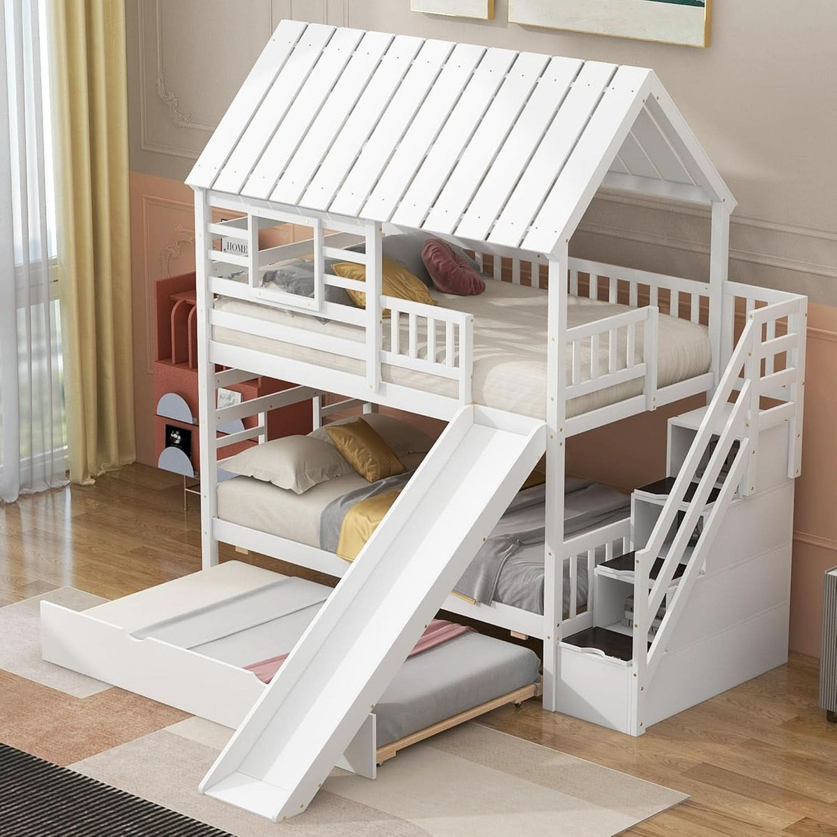 Kids Twin Over Twin Bunk Bed With Slide And Trundle White