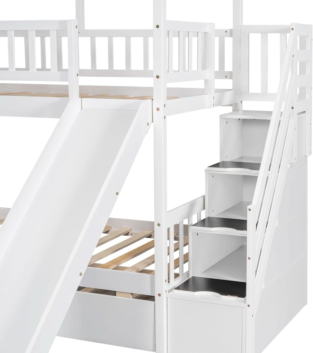 Kids Twin Over Twin Bunk Bed With Slide And Trundle White