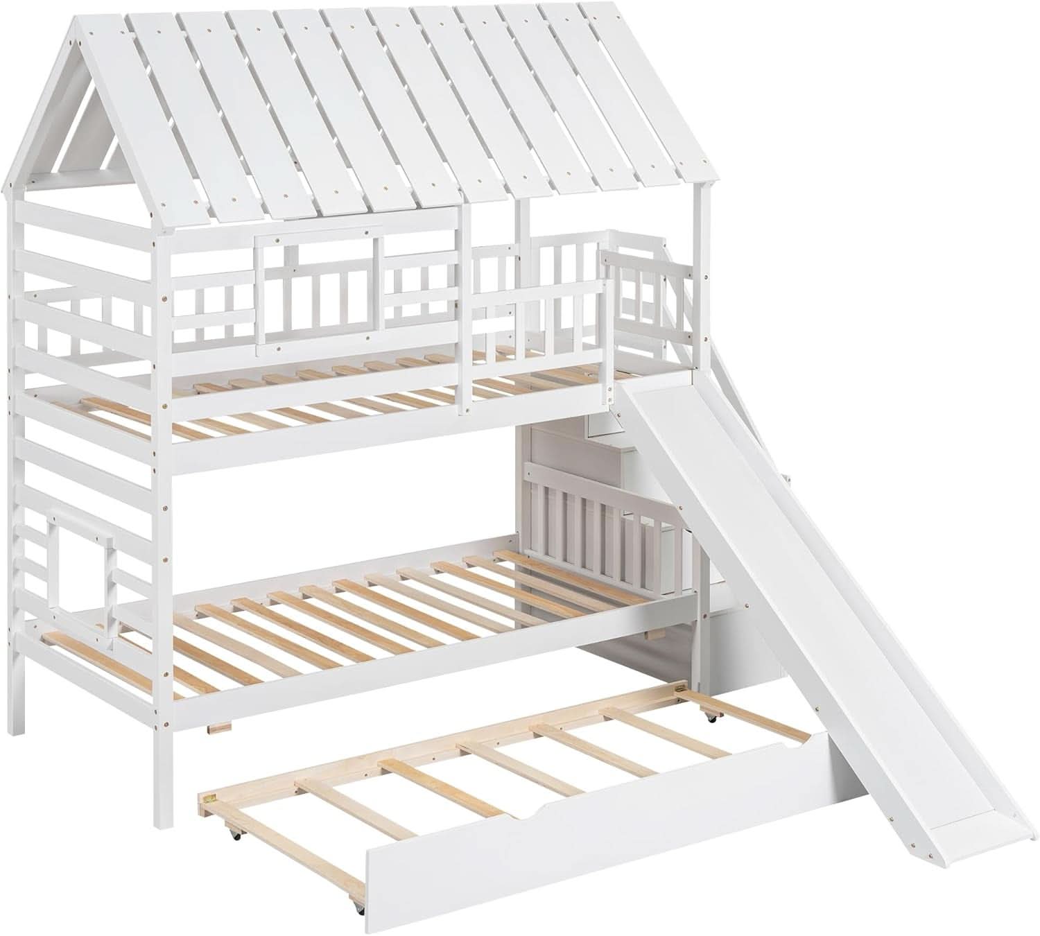 Kids Twin Over Twin Bunk Bed With Slide And Trundle White