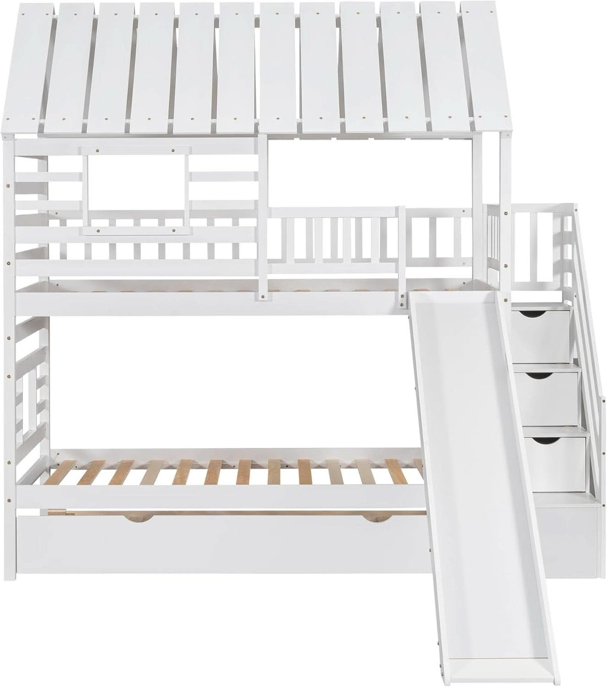 Kids Twin Over Twin Bunk Bed With Slide And Trundle White