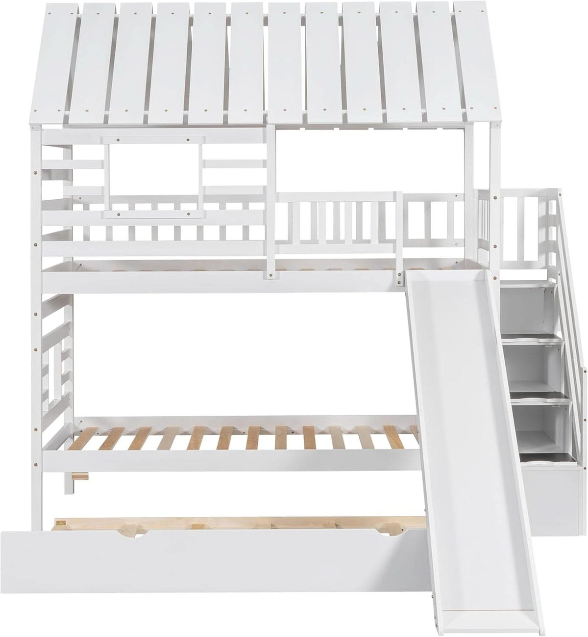 Kids Twin Over Twin Bunk Bed With Slide And Trundle White