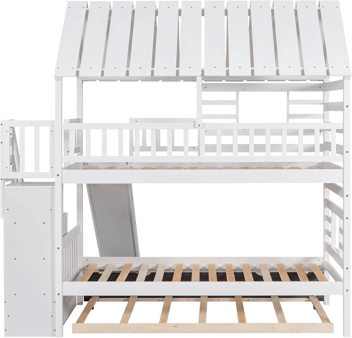 Kids Twin Over Twin Bunk Bed With Slide And Trundle White