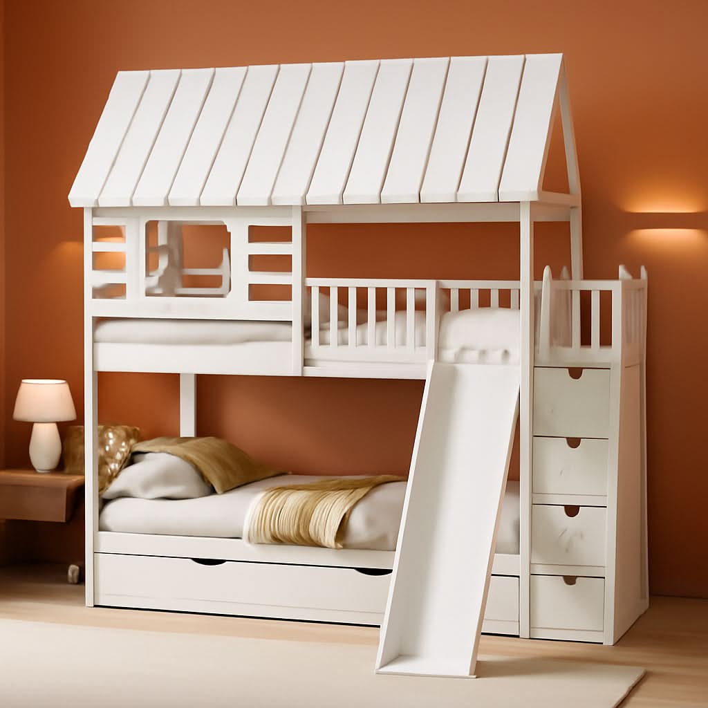 Kids Twin Over Twin Bunk Bed With Slide And Trundle White