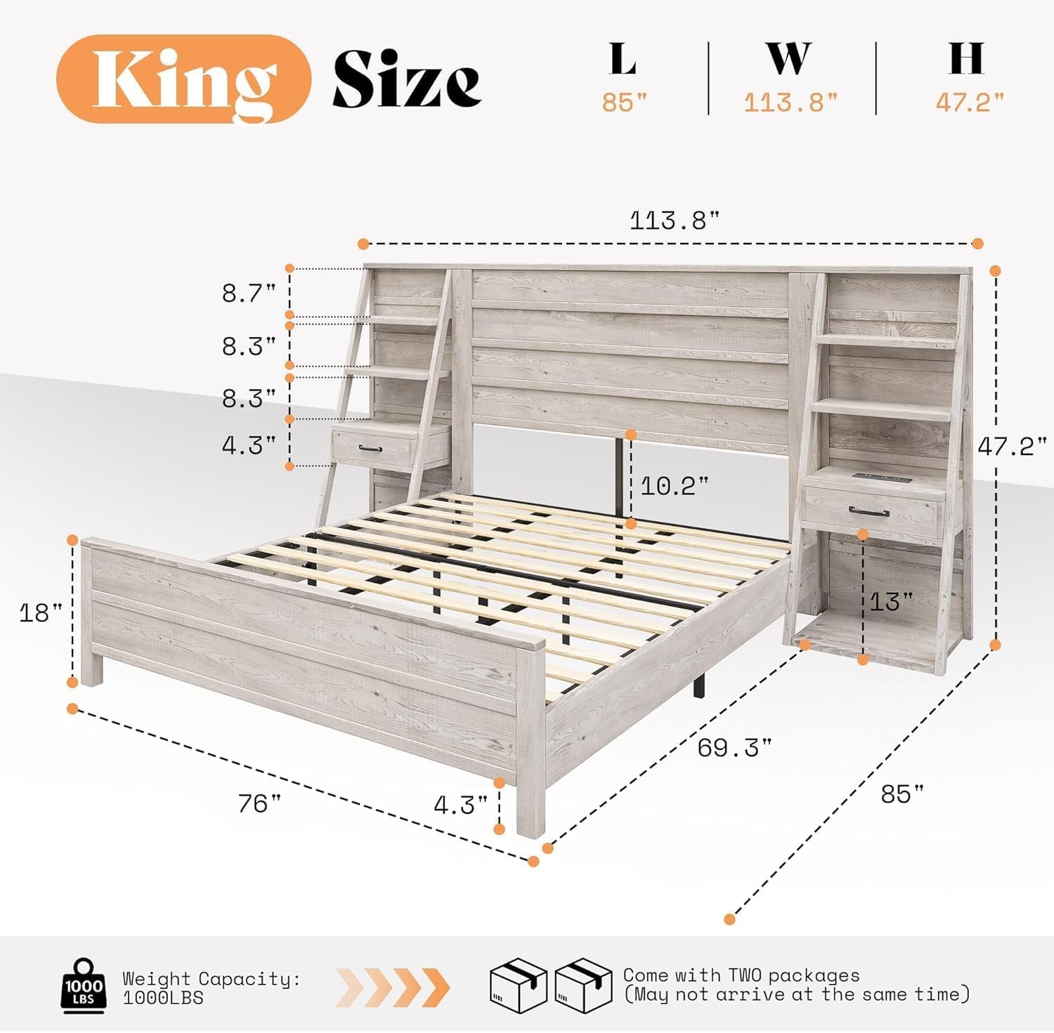 King Platform Bed Frame With Bookcase Headboard USB Charging