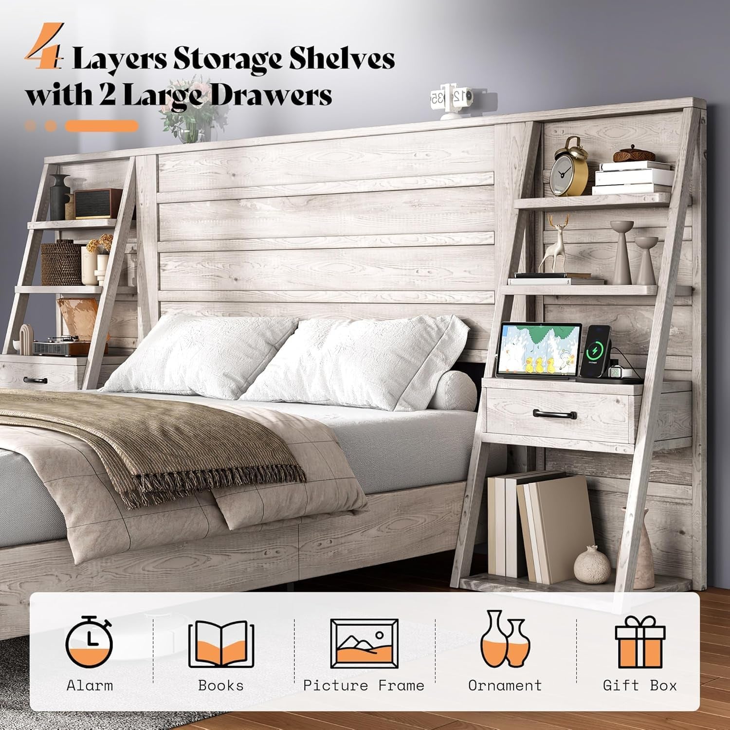 King Platform Bed Frame With Bookcase Headboard USB Charging