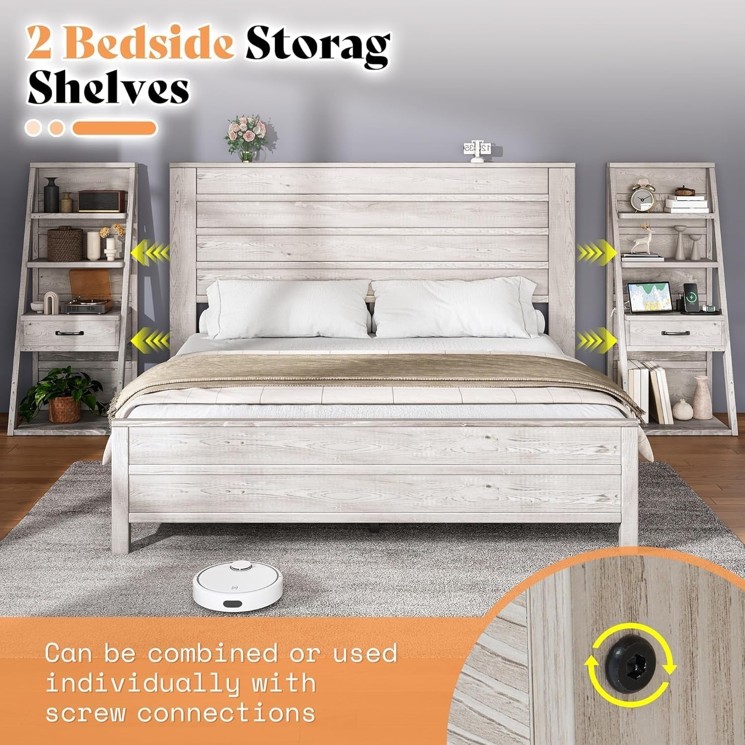 King Platform Bed Frame With Bookcase Headboard USB Charging