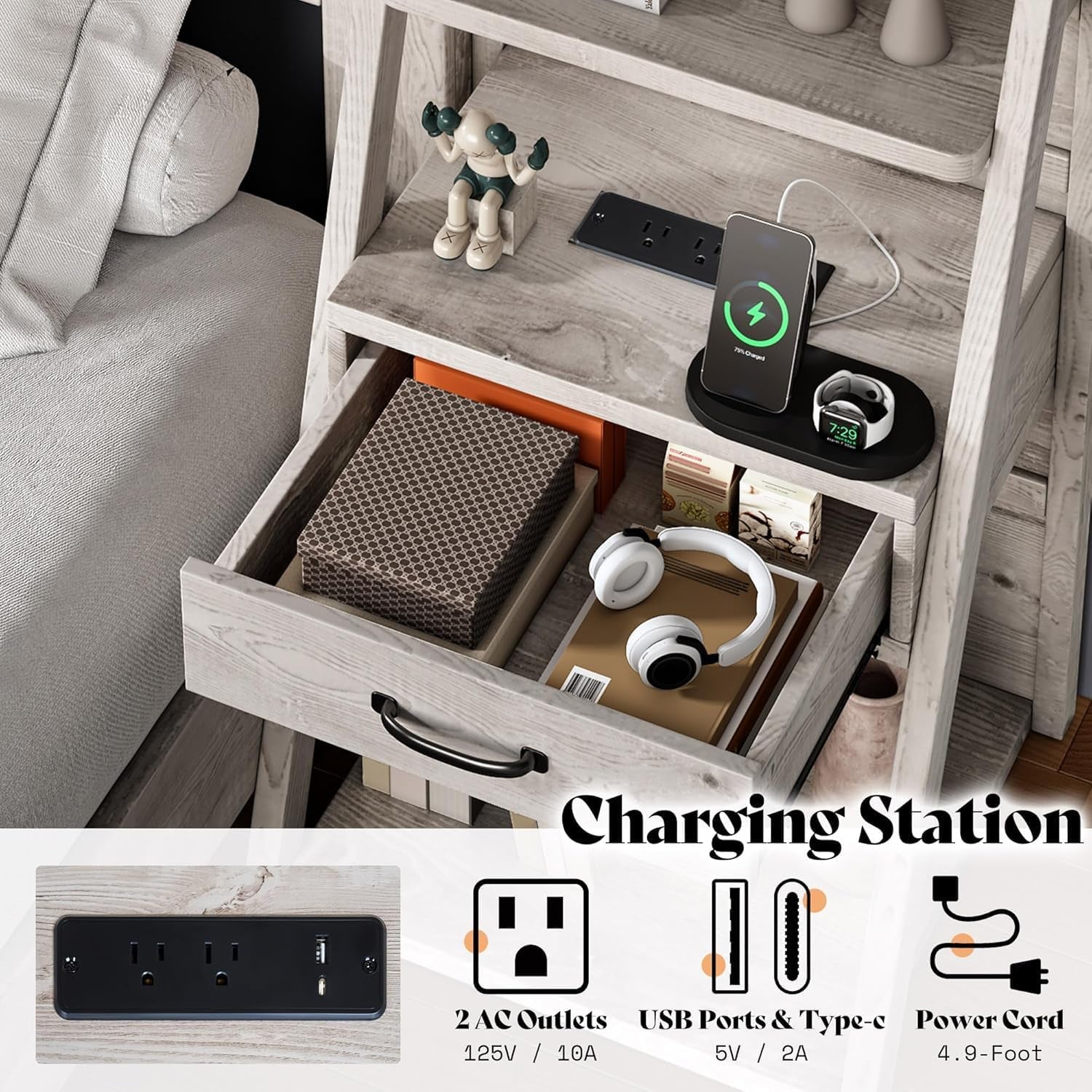 King Platform Bed Frame With Bookcase Headboard USB Charging