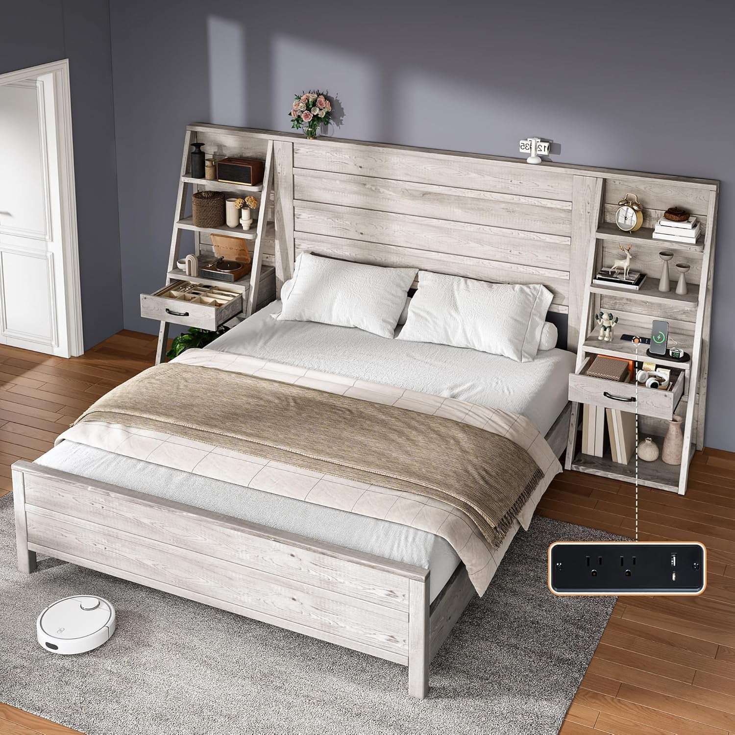 King Platform Bed Frame With Bookcase Headboard USB Charging