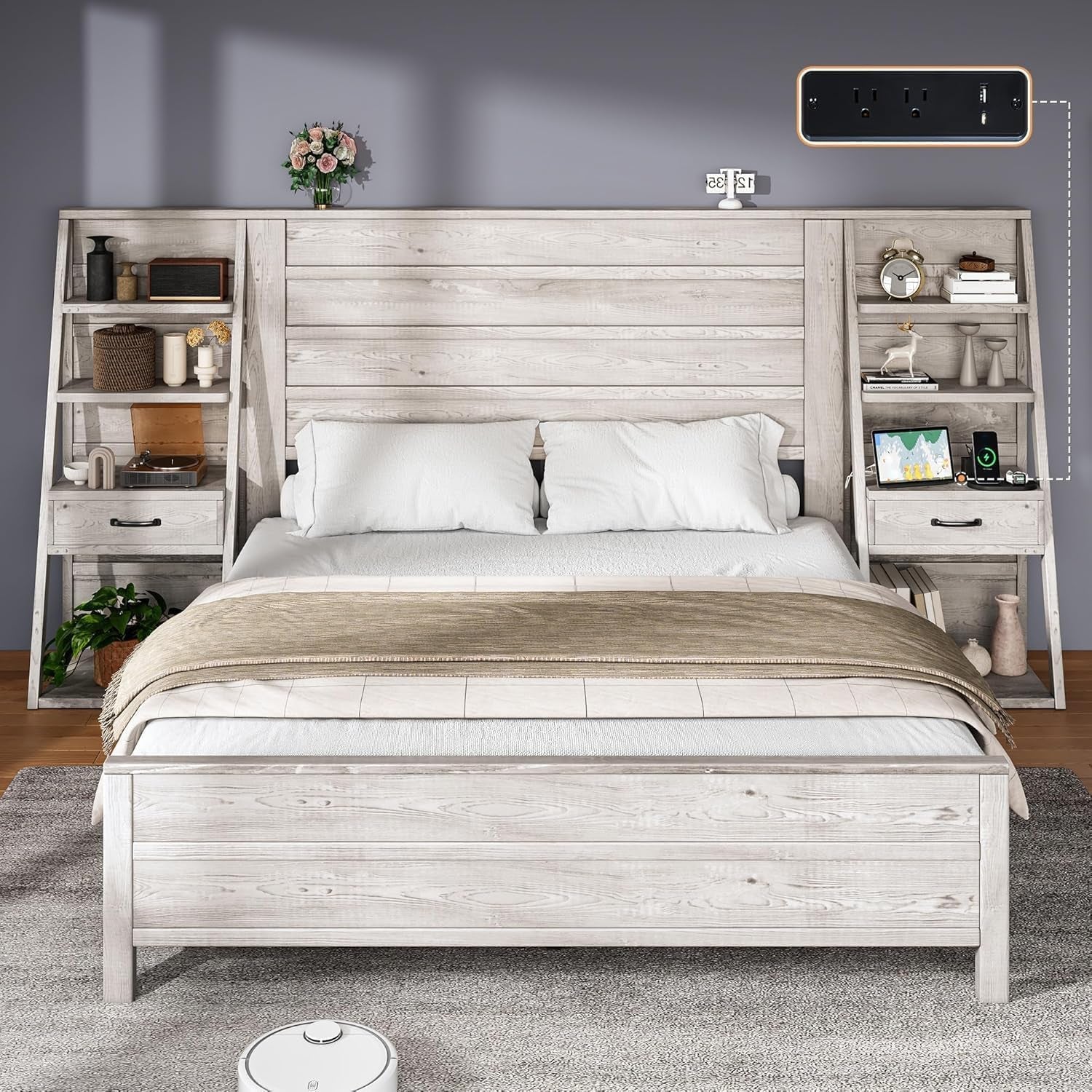 King Platform Bed Frame With Bookcase Headboard USB Charging