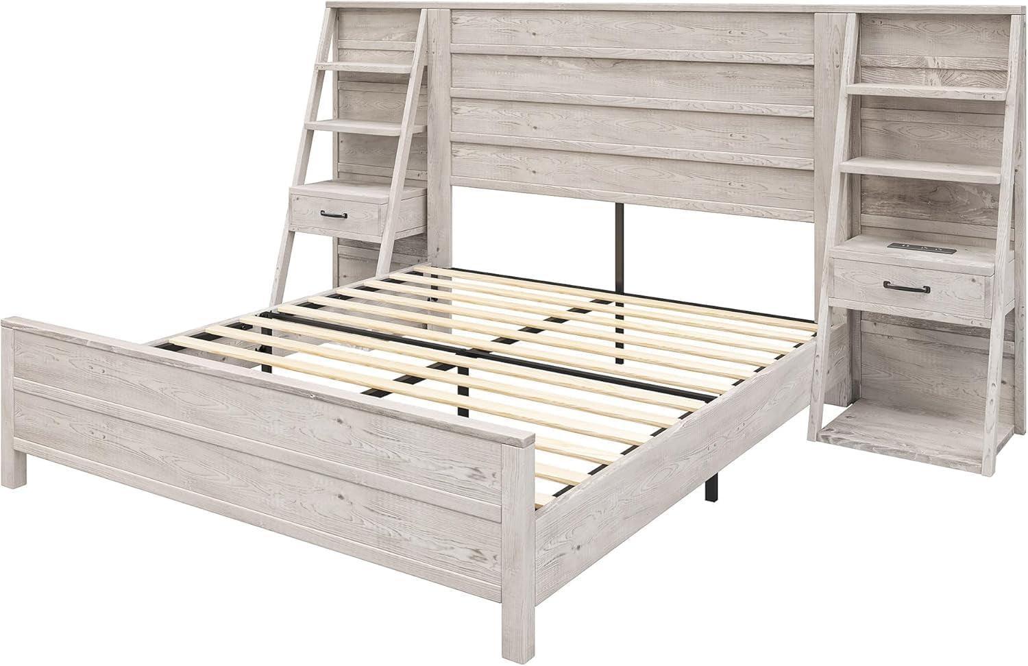 King Platform Bed Frame With Bookcase Headboard USB Charging