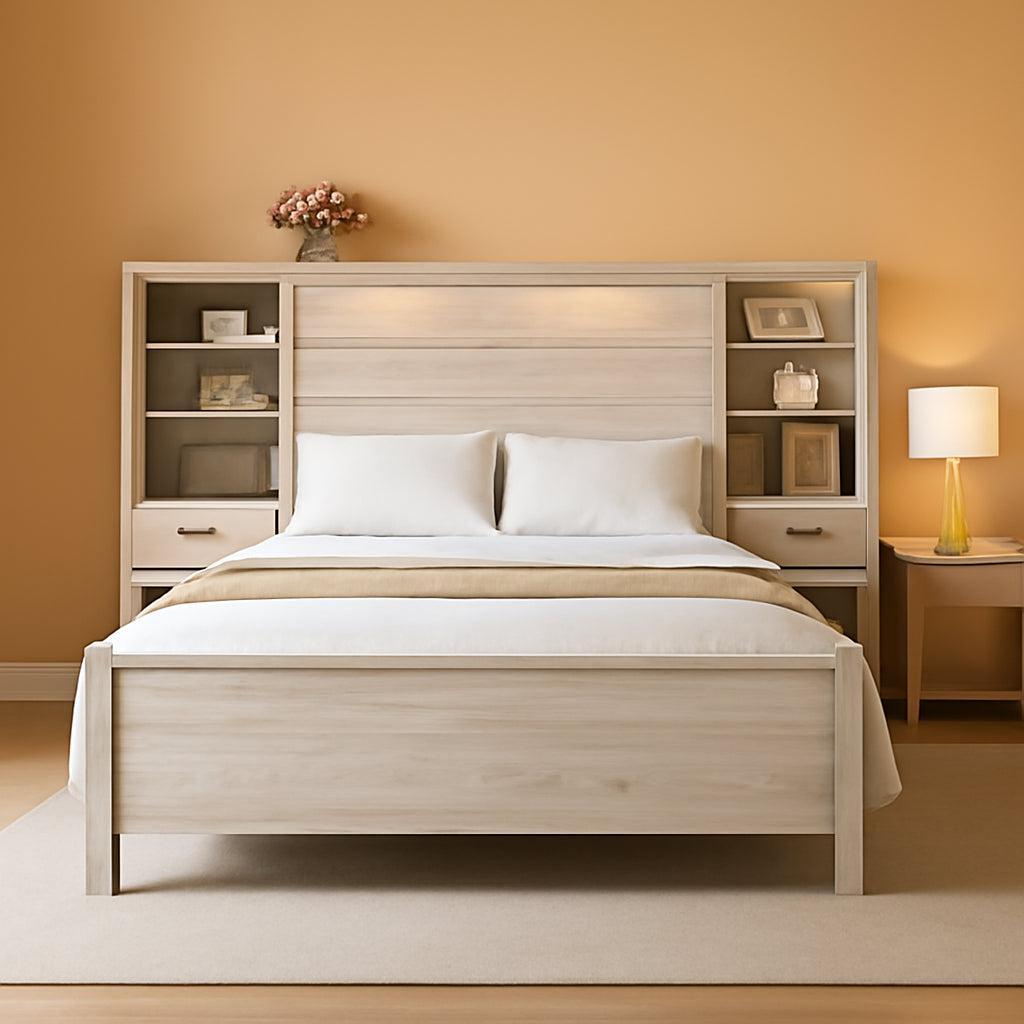 King Platform Bed Frame With Bookcase Headboard USB Charging