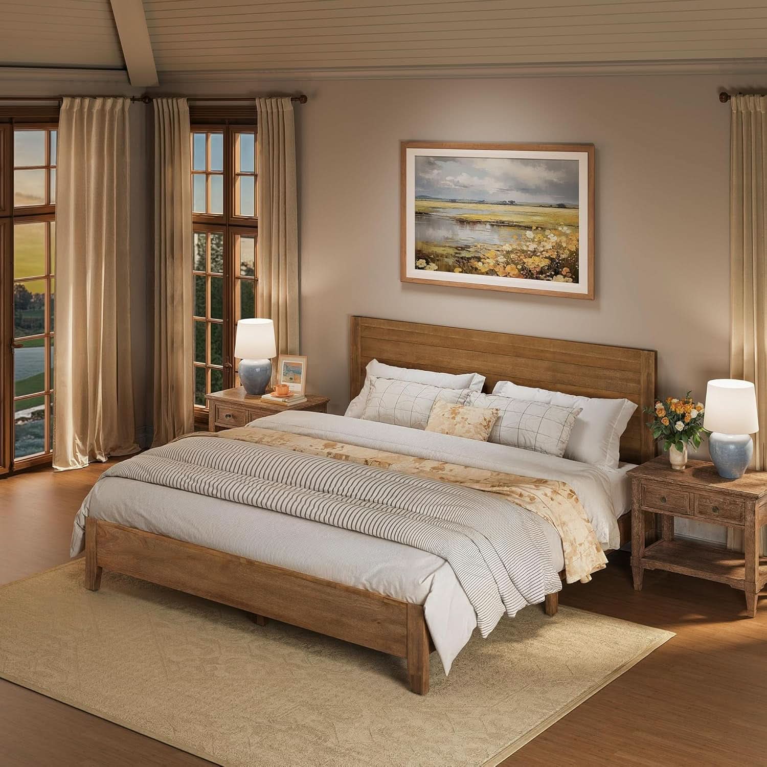 King Size Acacia Wood Platform Bed Frame With Headboard