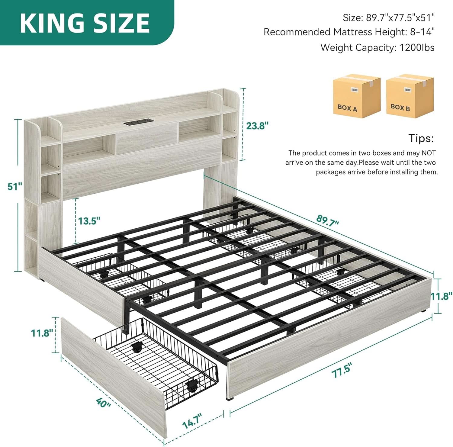 King Size Bed Frame Antique White With Bookcase Headboard