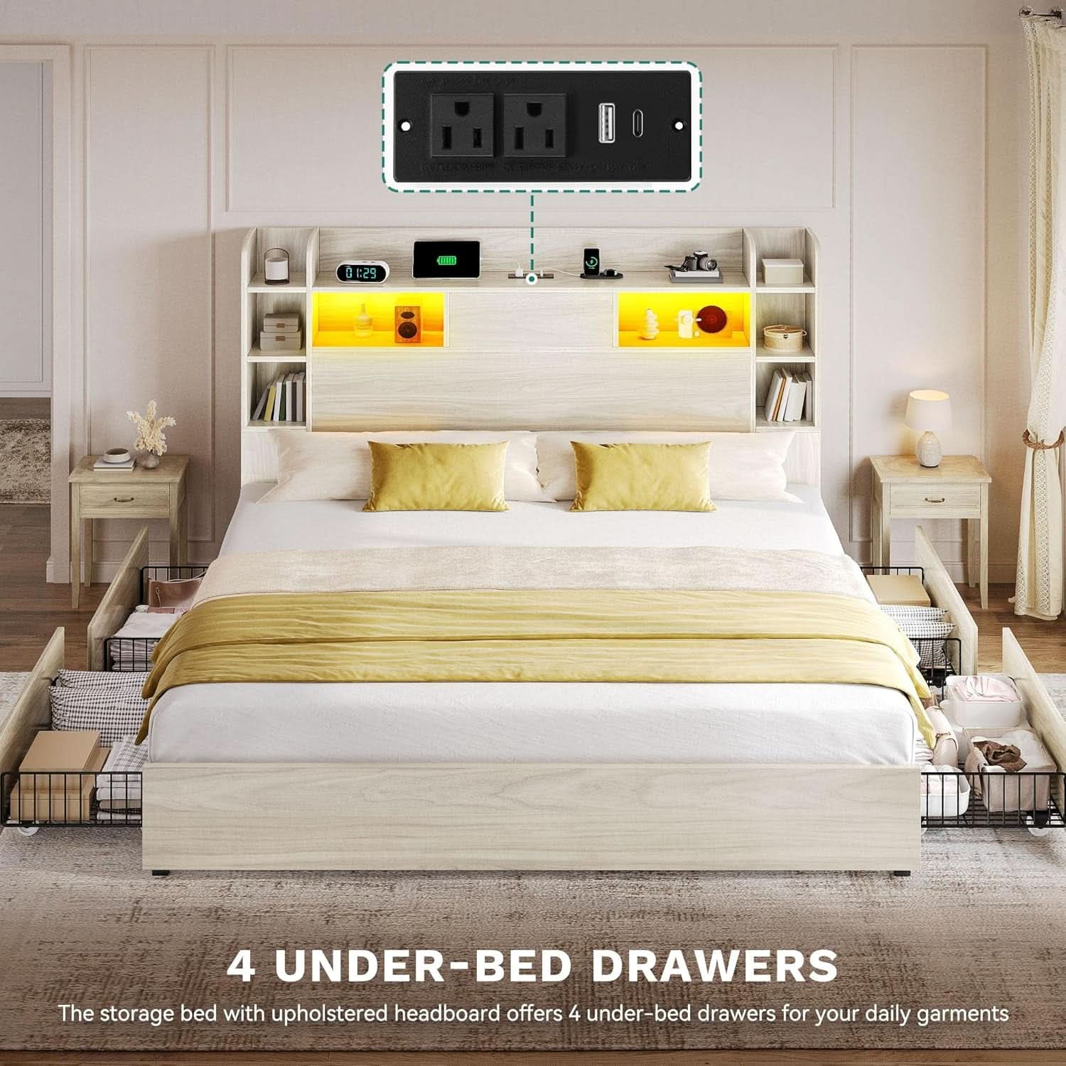 King Size Bed Frame Antique White With Bookcase Headboard