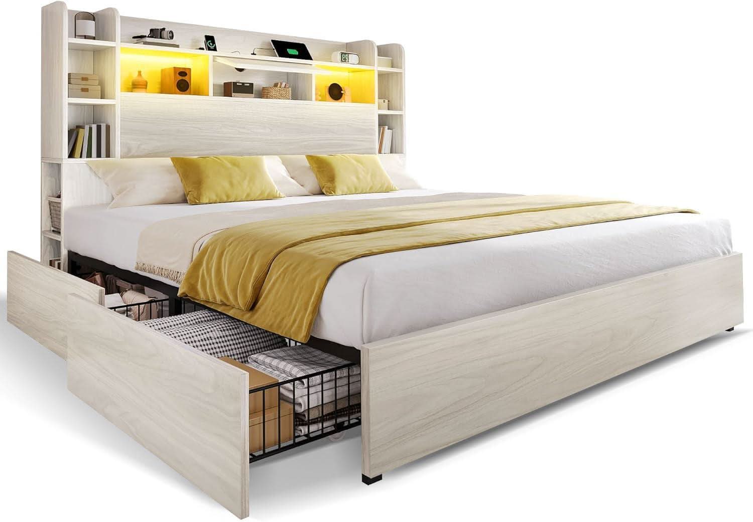 King Size Bed Frame Antique White With Bookcase Headboard