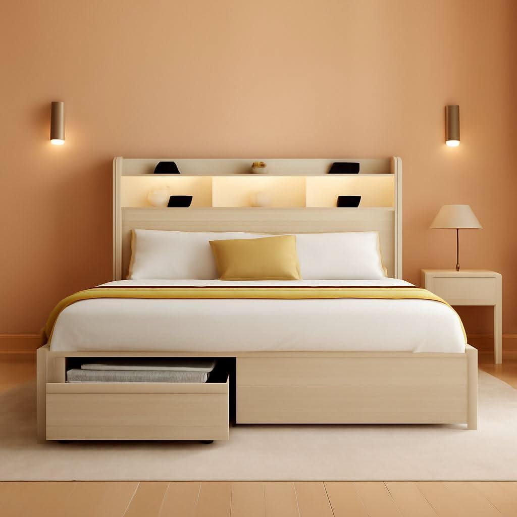 King Size Bed Frame Antique White With Bookcase Headboard