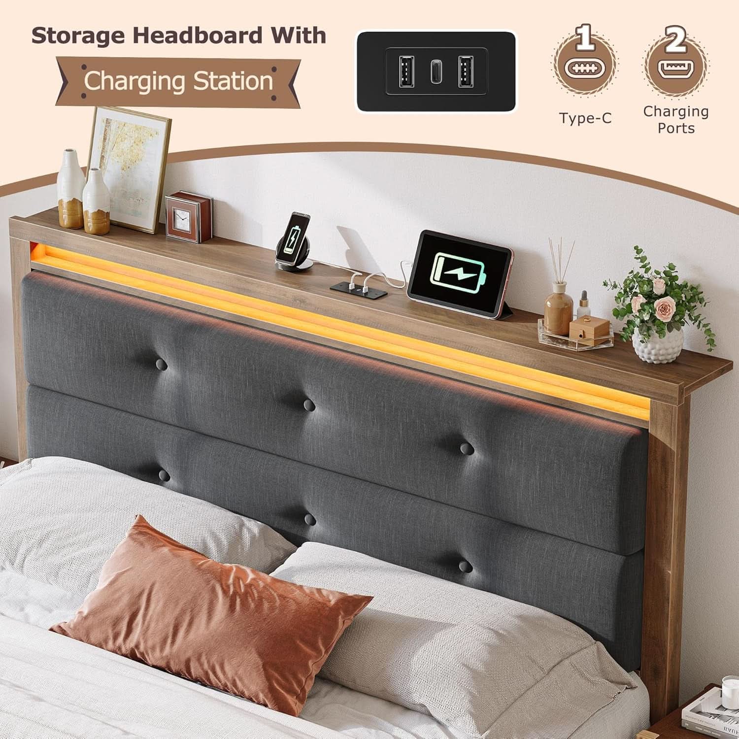 King Size Bed Frame With Integrated Charging Station