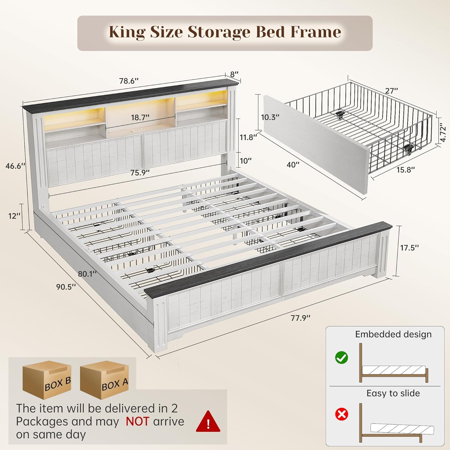 King Size Bed Frame With Storage Drawers And LED Charging Station