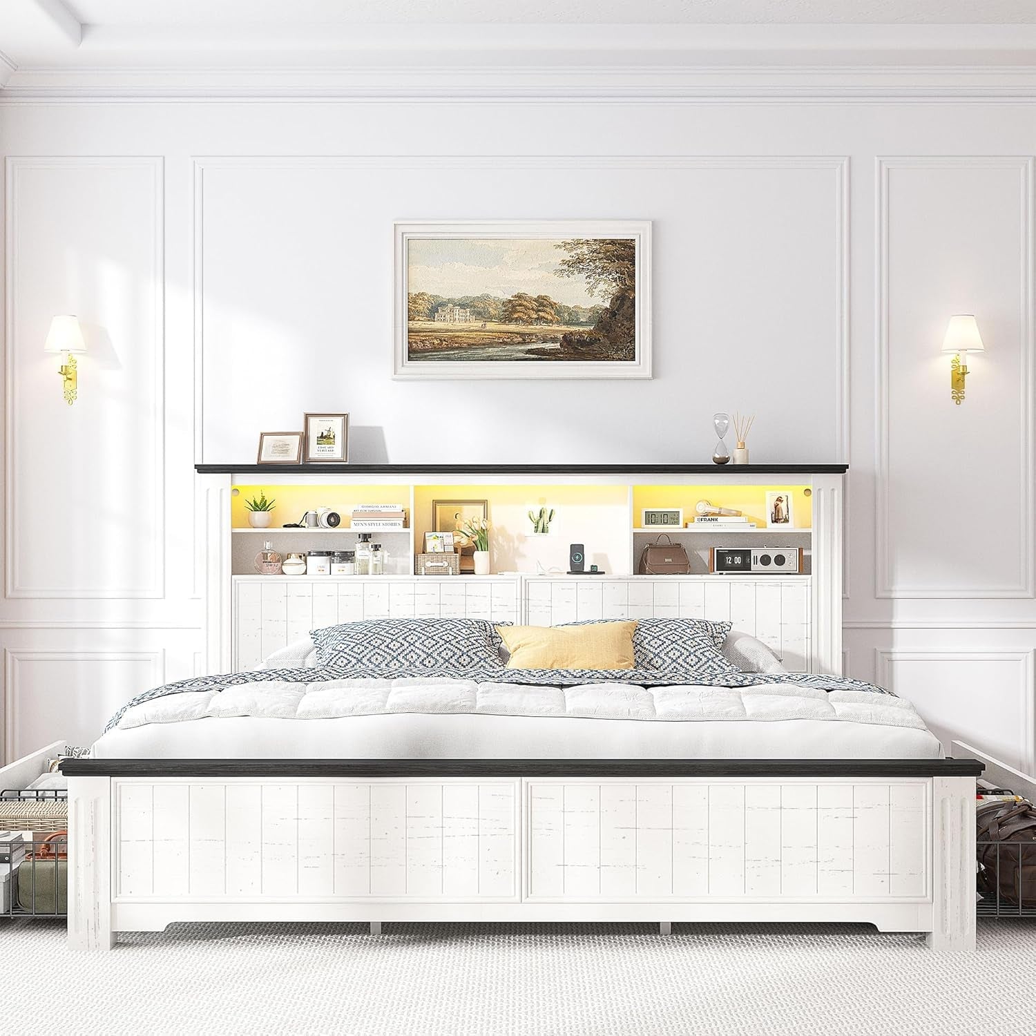 King Size Bed Frame With Storage Drawers And LED Charging Station