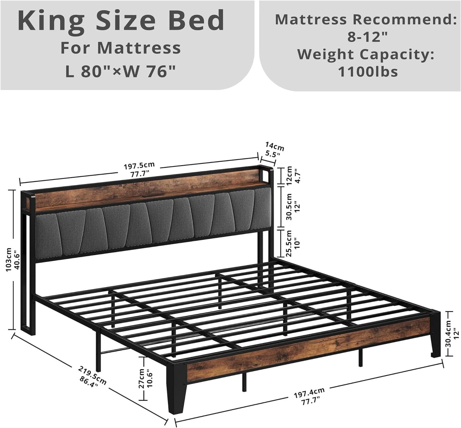 King Size Bed Frame With Storage Headboard And USB Charging Ports